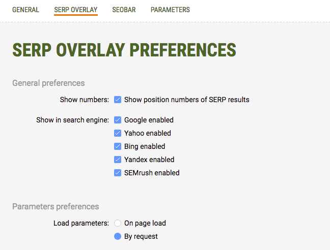 Onglet de configuration de superposition SERP