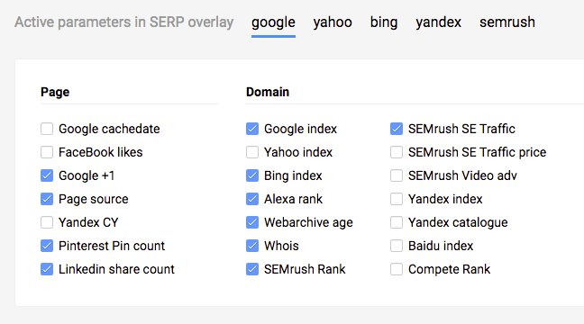 SERP overlay configuration tab